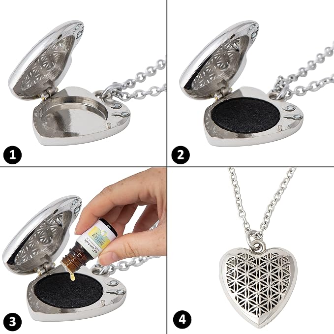 Wild Essentials Heart of Chrome Essential Oil Diffuser Nickel Free Alloy Locket Pendant with 24 inch Chain, 6 Refill Pads, Customizable Color Changing Perfume Jewelry for Aromatherapy