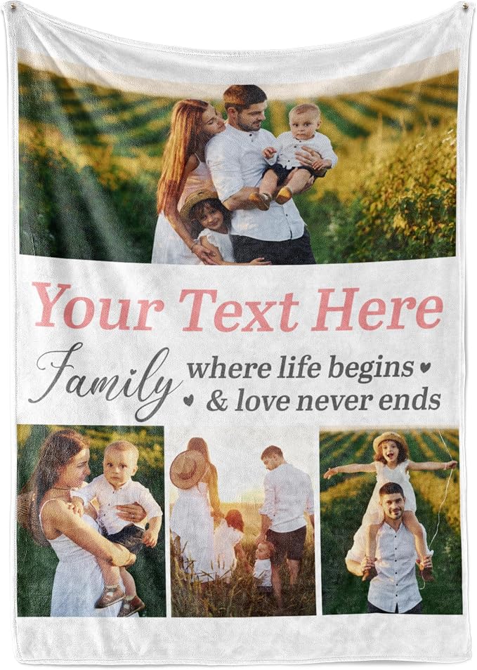 Personalized Photo & Text Blanket, Custom Picture Fleece Throw (4-Pic) | Printed in USA, ships next day, add 1-9 photos & custom text, fleece or sherpa, family keepsake gift, cozy home decor
