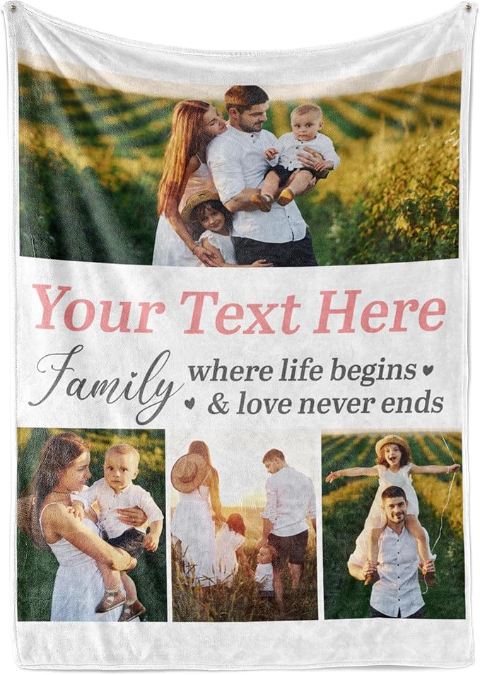 Personalized Photo & Text Blanket, Custom Picture Fleece Throw (4-Pic) | Printed in USA, ships next day, add 1-9 photos & custom text, fleece or sherpa, family keepsake gift, cozy home decor