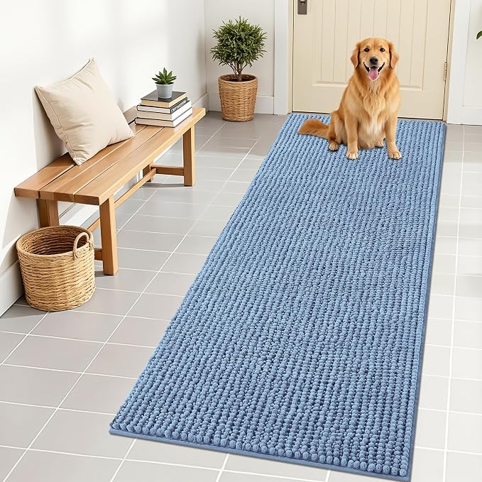 OLANLY Dog Door Mat for Muddy Paws 70x24, Extra Absorbent Chenille Mud Mat | Airy Blue, Absorbs Moisture and Dirt, Non-Slip Machine Washable Doormat, Quick-Drying Indoor Entryway Floor Mat for Dogs