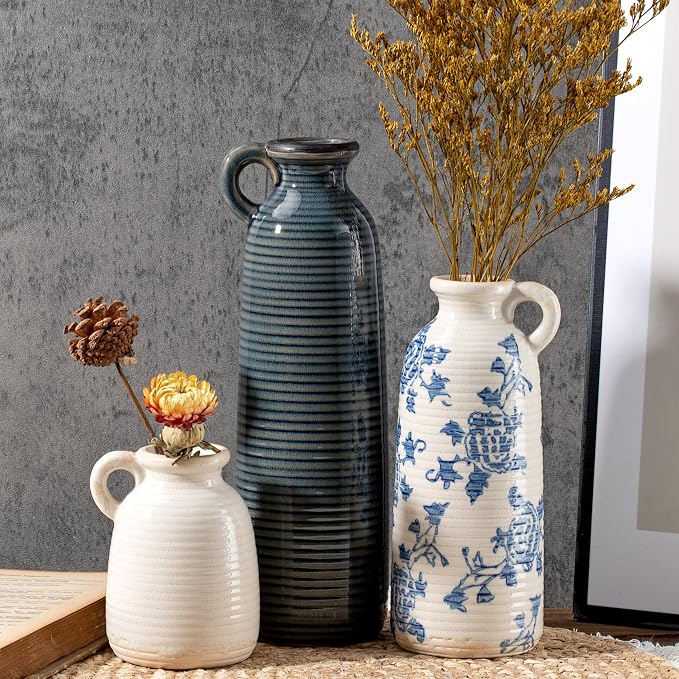 Ceramic Vase Set of 3 with Handles, Blue White Neutral Rustic Modern Farmhouse Boho Decor, Versatile as Table Centerpiece or Mantel & Shelf Accent - Unique Home Gift Idea