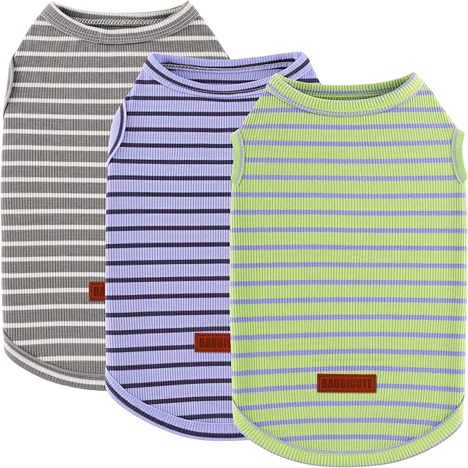 3Pack Dog Shirt Cotton Striped T-Shirts Stretchy Comfortable Pet Vest for Puppy and Cat Super Soft Dog Shirts Vest Sleeveless Breathable Basic Clothes for Small Medium Large Boy Girl Dogs