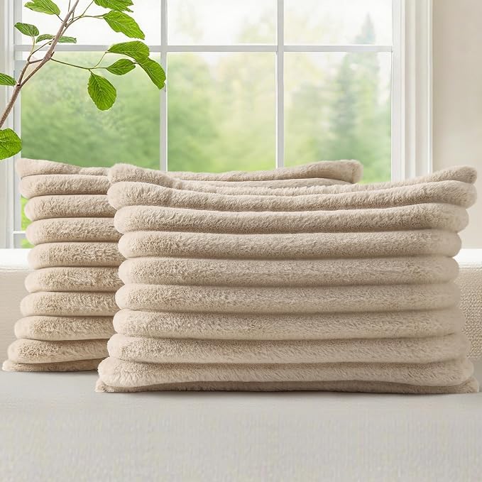 decorUhome Fall Faux Fur Throw Pillow Covers 12x20 Set of 2 Khaki Brown | Decorative Soft Cozy Striped Plush Modern Farmhouse Boho Couch Pillow Cases Velvet Back for Sofa Bed Living Room Home Decor