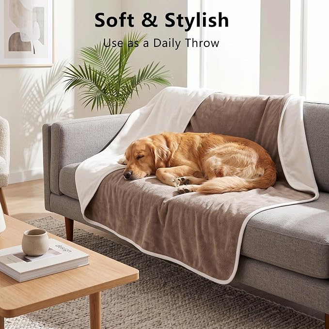Waterproof Blanket - Reversible Dog Throw as Furniture Protector | Soft Velvet & Flannel, TPU Leak-Proof Liner, Machine Washable, Fits Couch and Bed, 68" x 82", Beige/Khaki