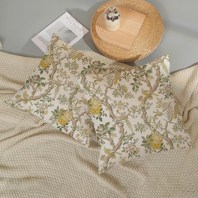 Yellow Green Floral Bird Pillow Covers 18x18 Set of 2 Chinoiserie Throw Pillows Vintage Flowers Bird Decorative Pillow Cases Outdoor Chinoiserie Decor Farmhouse Cushion Case for Couch Sofa