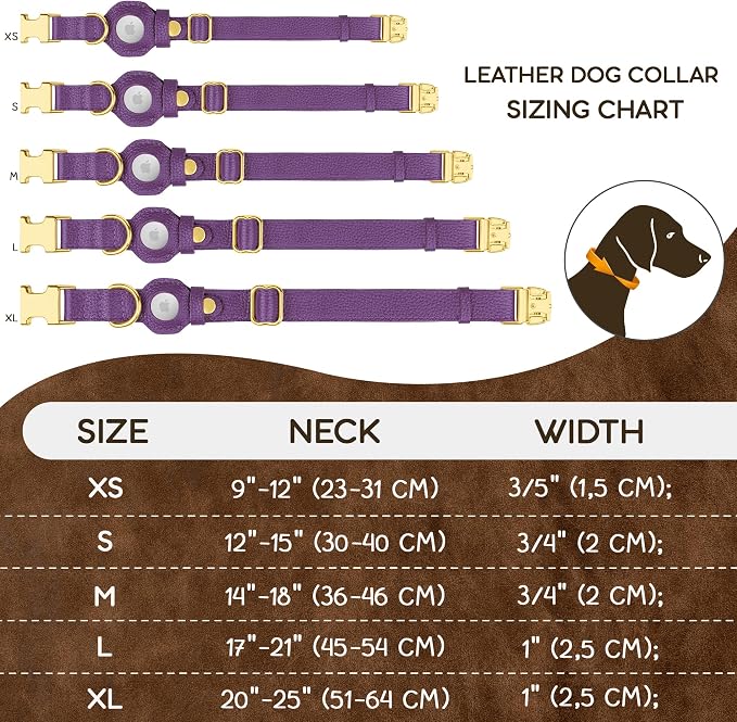 Leather Airtag Dog Collar - Soft Tracking Dog Collar with Apple AirTag Holder and Metal Buckle - Safety GPS Pet Collars for Small Medium Large Dogs Puppy Pink Red (Purple, XS, 9"-12" Neck Fit)