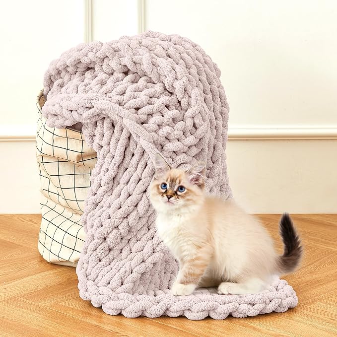 Chunky Knit Blanket Throw for Couch, 51"x63" Chunky Yarn Knitted Blankets | 100% Hand Knit Thick Chenille, Soft Breathable for Bed, Sofa, Home Decor, Cozy Gifts for Women Friends, Pink