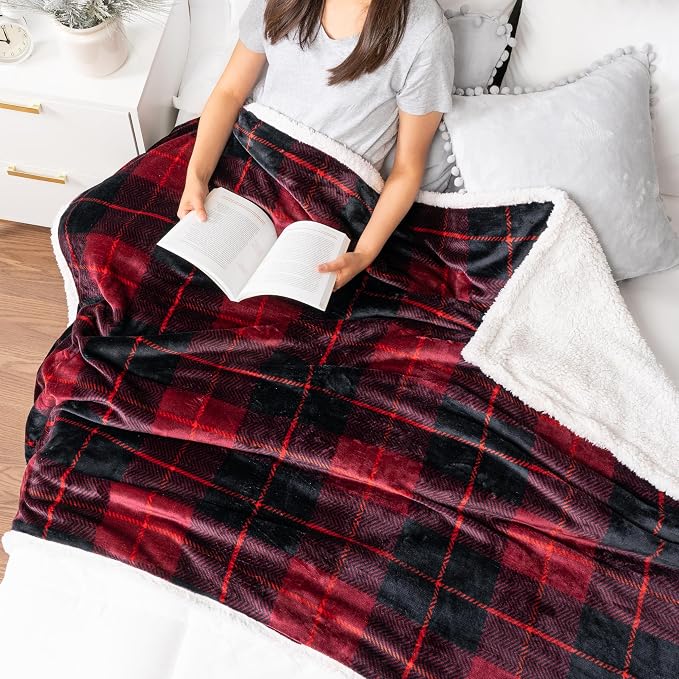 PAVILIA Plaid Sherpa Throw Blanket for Couch Sofa Bed, Black Red, 50x60 | GSM 460; Soft Plush Flannel Fleece; Warm&Cozy for Home; Machine Washable, Perfect Cabin Decor Winter Holiday Christmas Gift