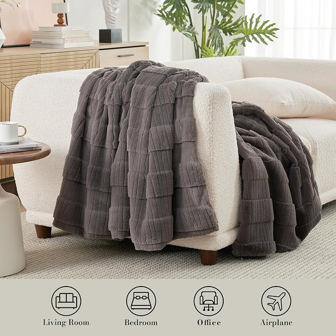 Luxury Striped Faux Fur Throw Blanket for Couch, Soft Cozy Fuzzy Fluffy Soft Plush Blankets Sofa Chair Gift Blankets for Women, 60"x80", Charcoal Gray