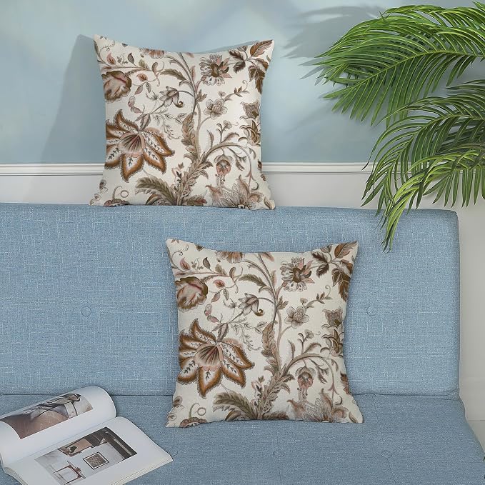 Brown Pillow Covers 18x18 Inch Set of 2 Brown Chinoiserie Floral Throw Pillows Boho Vintage Flowers Decorative Pillow Cases Outdoor Chinoiserie Decor Farmhouse Cushion Case for Couch Sofa