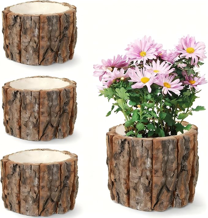 4 Pcs Wooden Vase Home Decor Rustic Flower Vases Vintage Wooden Planter Pots for Centerpieces Woodland Party Wedding Table Decor Farmhouse Buckets Bark Stump Decorative Items