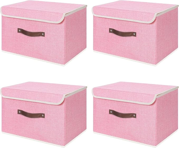 ANMINY Fabric Storage Box Bins with Lids, Pink, 15"x10"x10", 4 Pack | Keepsake Memory Storage, Cotton Linen, PP Board Reinforced, Washable, PU Handles, Foldable & Stackable, Decorative, Large