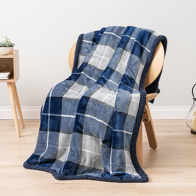 PAVILIA Twin Plaid Sherpa Throw Blanket for Couch Sofa Bed, Navy, 60x80 | GSM 460; Soft Plush Flannel Fleece; Warm&Cozy for Home; Machine Washable, Perfect Cabin Decor Winter Holiday Christmas Gift