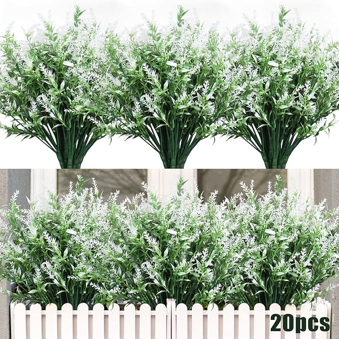 RECUTMS White Outdoor Artificial Flowers UV Resistant Fake Plants 20 Bundle | Faux Plastic Greenery Hanging Lavender Plants for Indoor Outside Garden Porch Window Box Home Wedding Farmhouse Patio Décor