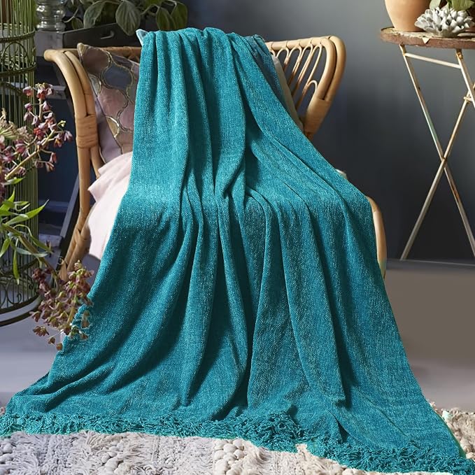 Chenille Throw Blanket for Couch 60" x 80" Twin, Teal | Soft Cozy Warm Throws with Fringe Tassel, for Living Room Bed Sofa Chair Cover, Lightweight Knitted Decorative Boho Blankets