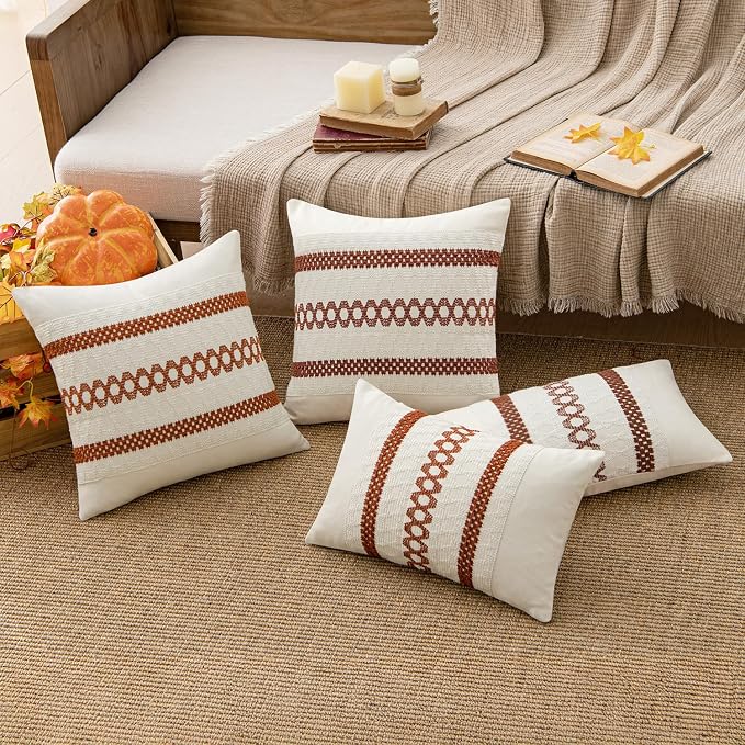 MIULEE Set of 2 Fall Burnt Orange Decorative Lumbar Pillow Covers 12x20 | Farmhouse Boho Couch Throw Pillows, Modern Cushion Covers, Macrame Woven Home Decor for Bed Sofa Chair