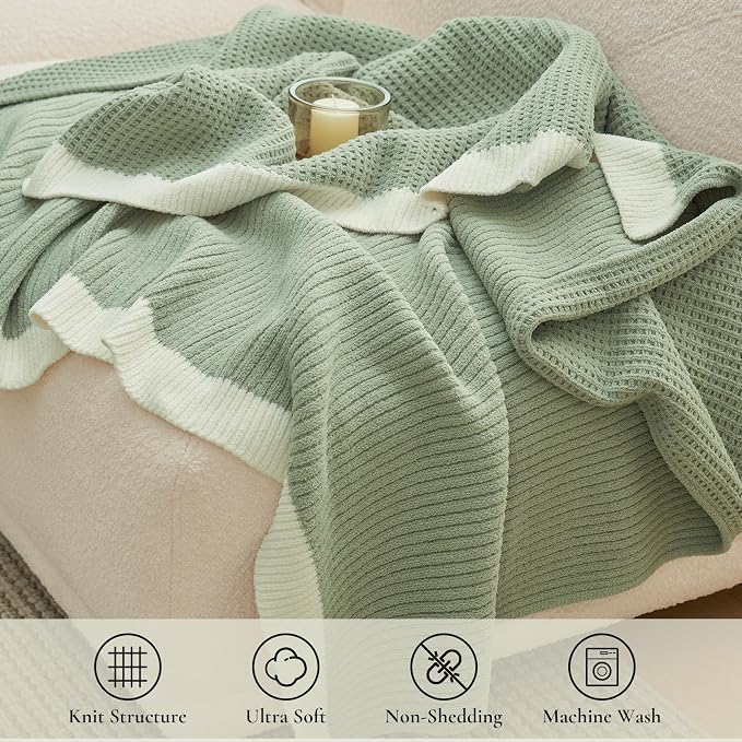 Chenille Throw Blanket, Soft Cozy Waffle Throw for Couch & Sofa, Warm Yet Lightweight, Breathable All-Season Throws for Women Men, Housewarming, Birthdays, 50"x60", Green