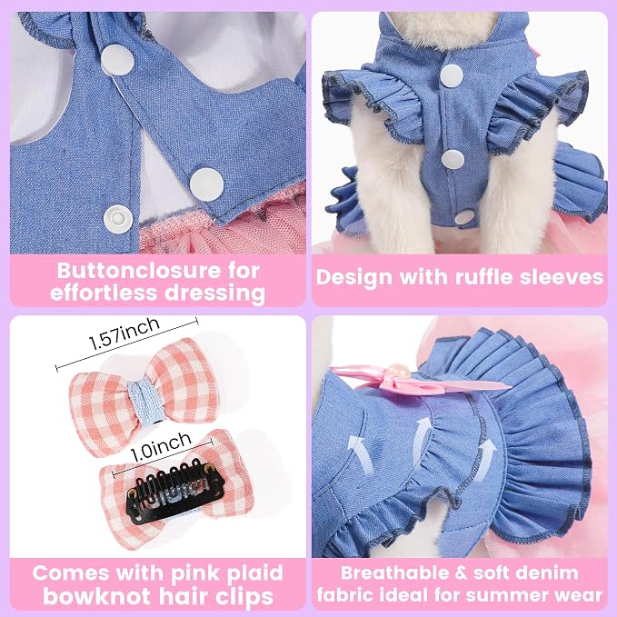 Dog Dress, Fashion Puppy Tutu Princess Dresses for Small Dogs Girl, Sweet Skirt with Dog Bowknot Clips, Spring Dog Cat Clothes Pet Apparel (Denim Princess Dress, Medium)