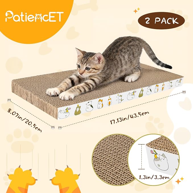 PatiencET 2 Pack Cardboard Cat Scratcher Pad with Catnips | Flat Double-Sided Cat Scratching Board for Small Medium Cats Kittens