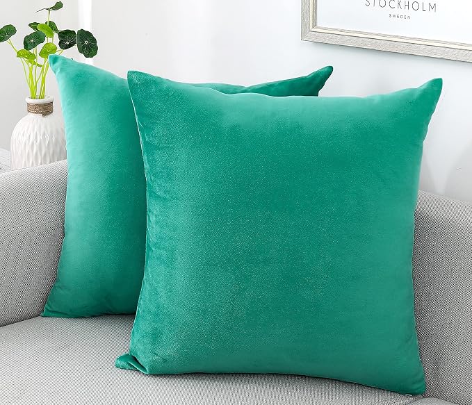 NiNi ALL Aqua Green Velvet Throw Pillow Covers 18x18 Pack of 2 Decorative | Couch Soft Solid Boho Cushion Squar Pillow Cases for Chair Sofa Bedroom Farmhouse Living room Modern Luxury Home Christmas