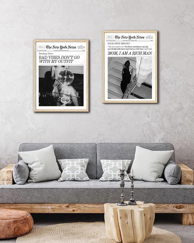 EcoHest 16x20 in Bad Vibes Don't Go With My Outfit Framed Wall Art | Solid Oak Wood Frame, Canvas Wall Art, Disco Fashion Newspaper Wall Decor for Bedroom, Apartment, Dorm, College Room, 1Pack