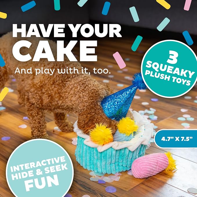 Outward Hound Hide-A-Birthday-Cake Plush Squeaky Dog Toy, 7.5" x 4.7" | Hide-n-Seek Puzzle, 3 Removable Candles, Toss & Fetch, Interactive Enrichment, Boredom Buster, Light Chewers, Dogs & Puppies