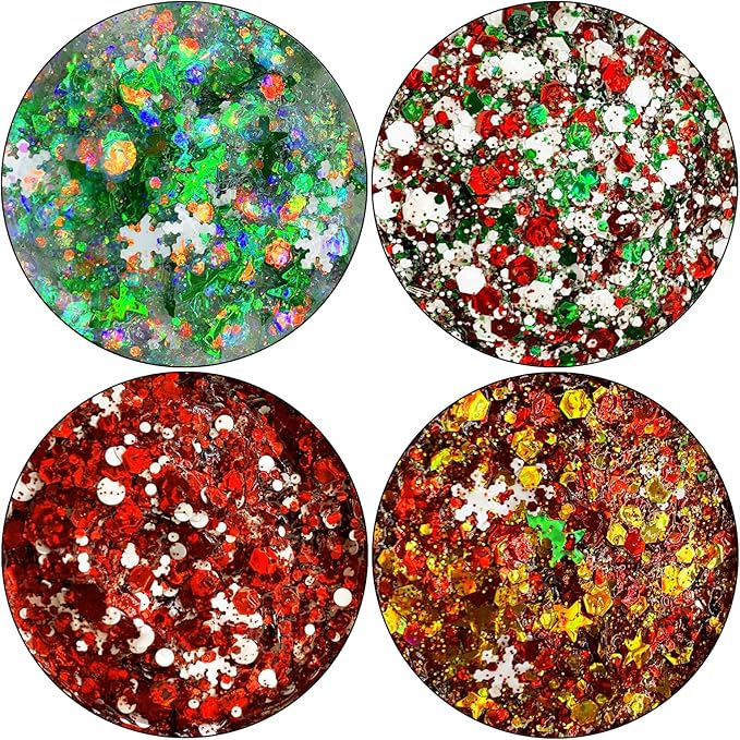 Christmas Body Glitter Gel SUPGIFT 4 Colors 8.5oz Holographic Chunky Mermaid Iridescent Laser Liquid Star Flower Leaf Sequins for Makeup Face Eyeshadow Hair with Spoon