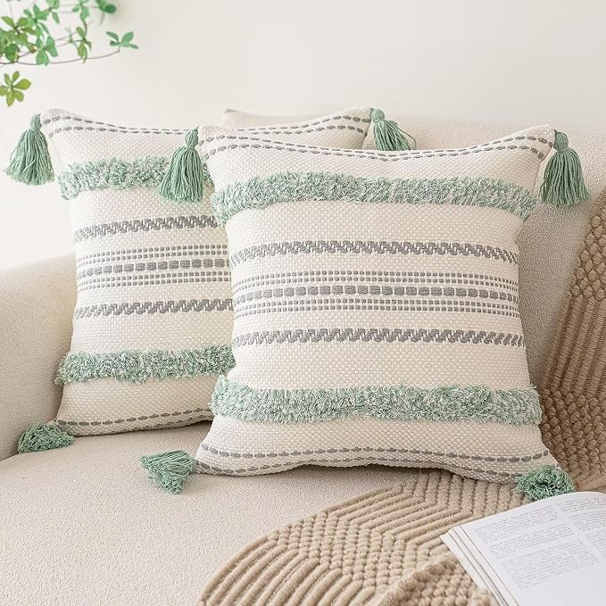 BUIOVBEY Boho Throw Pillow Covers Woven Tufted Pillow Cases with Tassels | Farmhouse Pillow Covers 20x20 Set of 2 Textured Striped Cushion Case Neutral Decorative Pillowcase for Sofa Couch Light Green