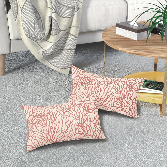 Nautical Coastal Lumbar Pillow Covers 12x20 Inch Set of 2 Summer Ocean Beach Coral Orange Decorative Pillow Cases Outdoor Linen Cushion Cover Farmhouse Decor for Bedroom Home Sofa Couch Bed