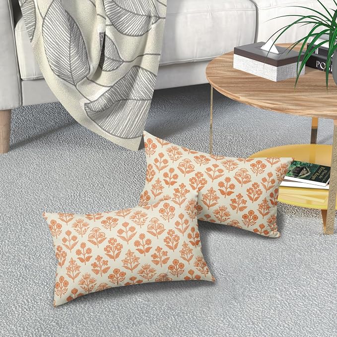 Orange Floral Pillow Covers 12x20 Inch Set of 2, Block Print Lumbar Flower Cream Decorative Throw Pillowcases Outdoor Farmhouse Rectangle Cushion Covers Spring Summer Sofa Couch Bed Decor