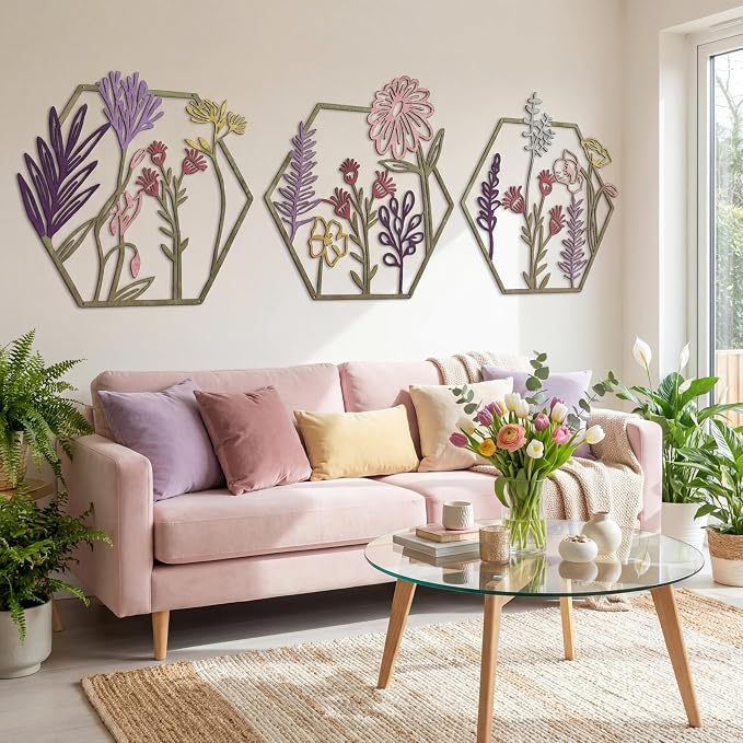Peryiter 3 Pcs Metal Flower Wall Decor Minimalist Floral Wall Hanging Decor Floral Metal Rustic Flower Art for Summer Living Room Bathroom Kitchen Indoor Outdoor(Colorful)