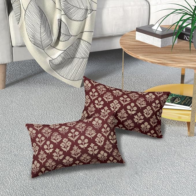 Burgundy Pillow Covers 12x20 Inch Set of 2, Cream Floral Block Print Pattern Lumbar Decorative Throw Pillowcases Outdoor Farmhouse Rectangle Cushion Covers Spring Summer Sofa Couch Bed Decor