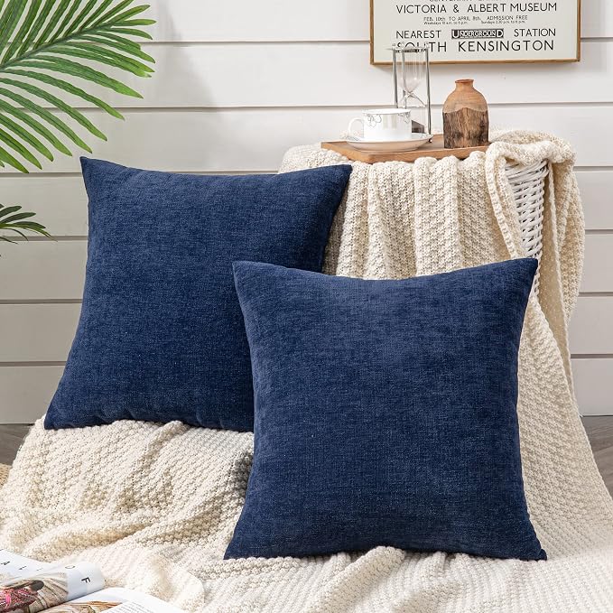 GAWAMAY Decorative Throw Pillow Covers 16x16 Inch Set of 2, Super Soft Chenille Square Pillows Farmhouse Fall Pillowcase for Living Room Bedroom Sofa Couch Cushion Cover Navy Blue 40x40cm