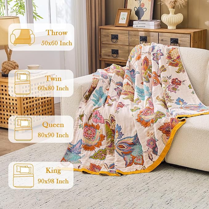 XIBLC Boho Throw Blanket 100% Cotton Vintage Blanket Muslin Woven Flower Decorative Throw Blankets All Season Bohemian Rustic Farmhouse Decor Quilt for Bed (Beige 50"x60")