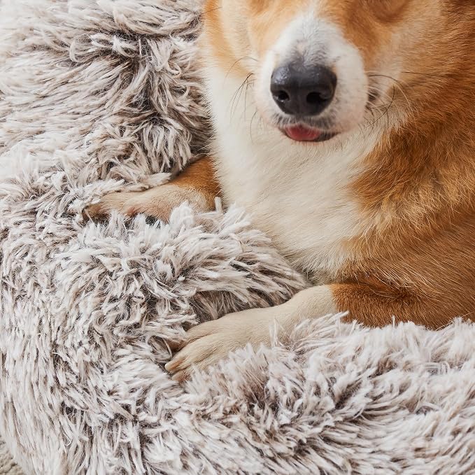Western Home Calming Donut Medium Dog Bed Washable Pet Bed,30" White Khaki | Fluffy Faux Fur Round Cuddler,Anti-Anxiety,Anti-Slip Bottom,Plush Pet Dog Beds for Medium Sized Dogs,Up to 45 LBS