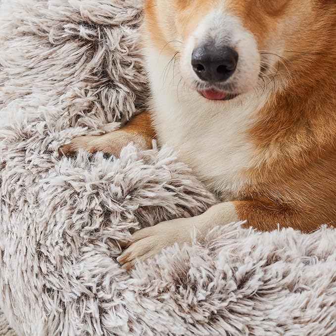 Western Home Calming Donut Small Dog Cat Bed Washable Puppy Bed,24" | Fluffy Faux Fur Round Cuddler,Anti-Anxiety,Anti-Slip Bottom,Pet Beds for Puppy&Small Dog&Large Cat,Up to 25 LBS White Khaki