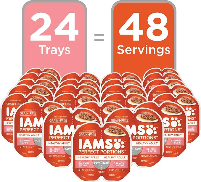 IAMS Perfect Portions Sensitive Digestion & Skin Wet Cat Food Pate, Adult Grain Free Pate, Turkey Recipes, (24) 2.6 oz. Twin-Pack Trays (Pack of 2)