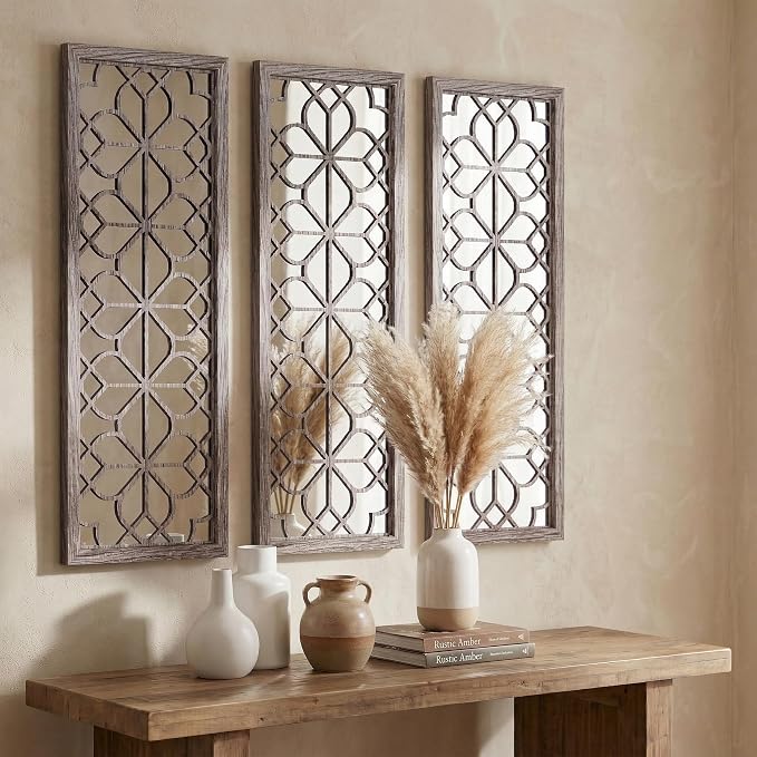 Set of 2 16x41.5 Inch Large Carved Floral Wood Frame Wall Mirrors, Shatterproof Boho Farmhouse Rustic Accent Mirrors for Living Room, Bedroom, Bathroom, Entryway & Home Wall Decor （Brown）