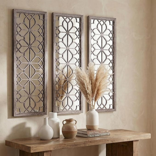 Set of 2 16x41.5 Inch Large Carved Floral Wood Frame Wall Mirrors, Shatterproof Boho Farmhouse Rustic Accent Mirrors for Living Room, Bedroom, Bathroom, Entryway & Home Wall Decor （Brown）