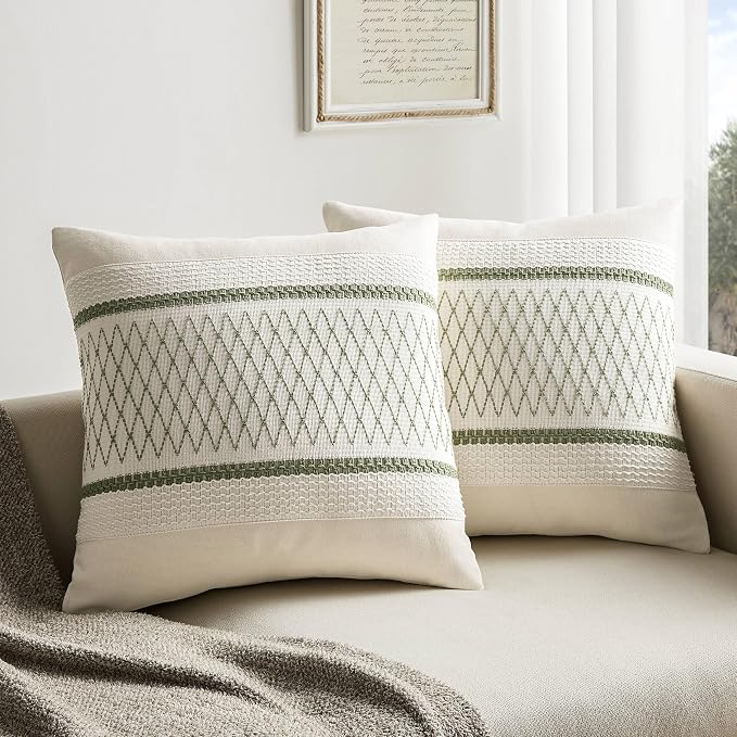 2 Pack Boho Throw Pillow Covers, Grid Green 20x20in | Soft Breathable Cotton, Farmhouse Decorative Couch Pillow Cases, Cushion Covers for Sofa Bed Living Room Home Decor