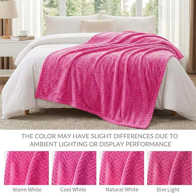 Exclusivo Mezcla Soft Fleece Blanket King Size for Bed, Sofa, Hot Pink | 90"x104" Breathable Lightweight Flannel Blanket for Summer, Plush Cozy Jacquard Wave for Home Decor