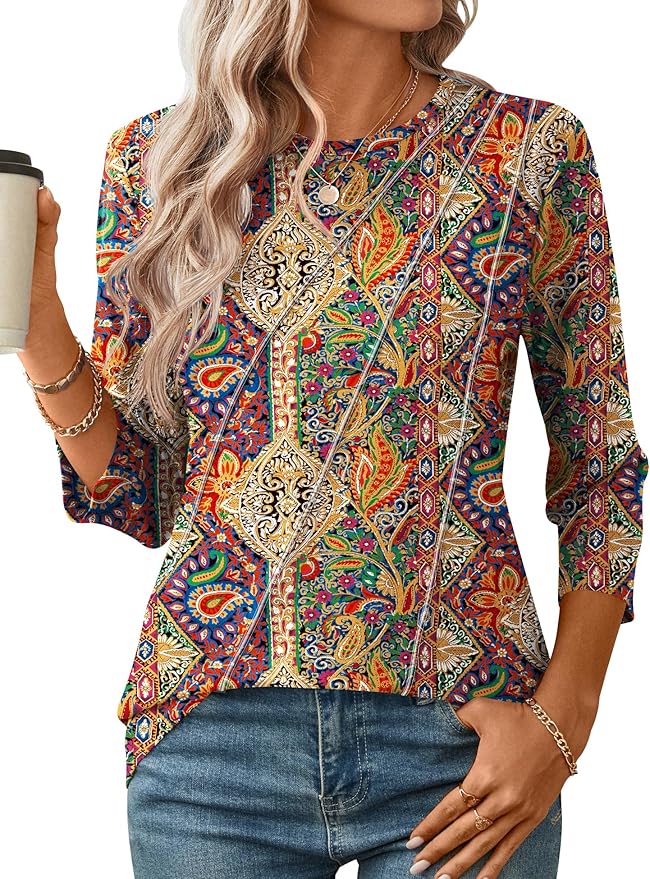 LOMON 3/4 Length Sleeve Womens Tops Spring Summer Fashion 2026 Tops Crew Neck Pleated Shirts Tunic Top Loose Fit
