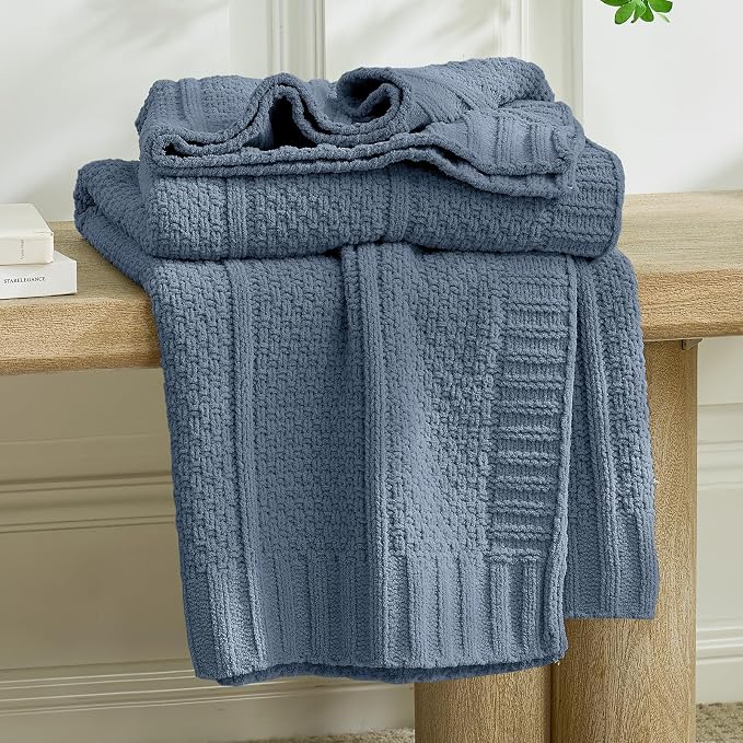 Chenille Throw Blanket for Couch, Soft Cozy Chunky Knit Blanket, Moss Stitch Throw for Sofa, Bed, Living Room, Lightweight Warm Home Decor, Dusty Blue 60"x80"
