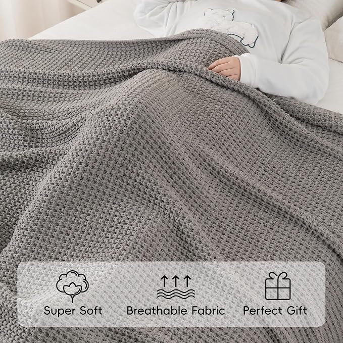 Grey Throw Blanket for Couch, Soft Knitted Chenille Throw Blanket 60"x80" | Chunky Waffle Knit Throw Blanket, Light Gray Throw Blanket for Bed Sofa Living Room, Modern Farmhouse Knitted Style