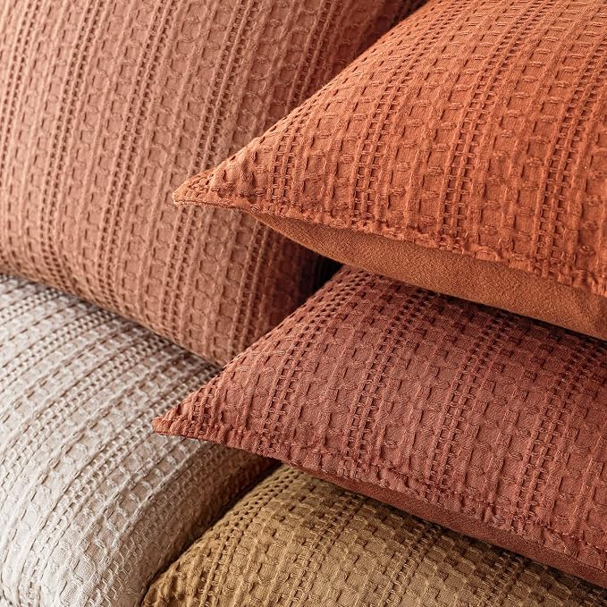 Foindtower Set of 2 Decorative Cotton Waffle Weave Throw Pillow Cover Euro Shams Cushion Covers Accent European Pillowcase For Bed Couch Sofa Bedroom Living Room Home Decor 22×22 Inch Fall Rust Orange