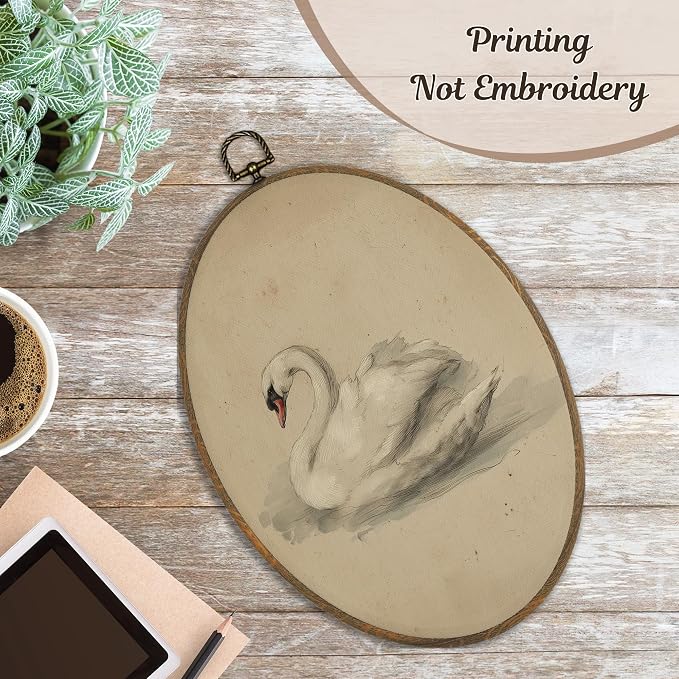 LKETW Vintage Swan Oval Wall Art Decor, Antique Elegant Swan Oval Canvas Hanging Decor, Retro Classical Animal Aesthetic Wall Decorations for Home Bedroom Living Room, 8.6x11.4 Inch