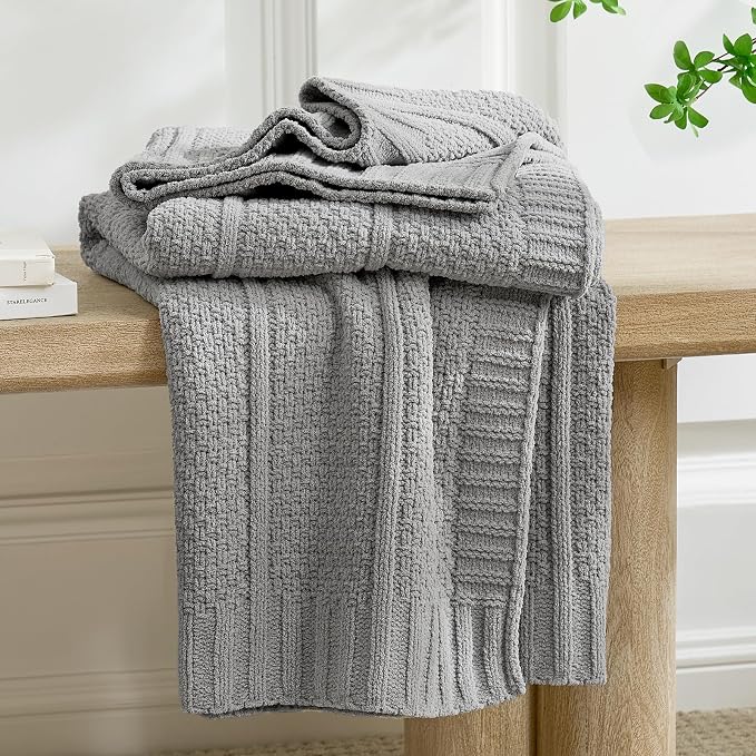 Premium Chenille Throw Blanket, Soft Cozy Moss Stitch Knit Blanket for Couch, Sofa, Chair, Home Decor, Grey 50"x60"