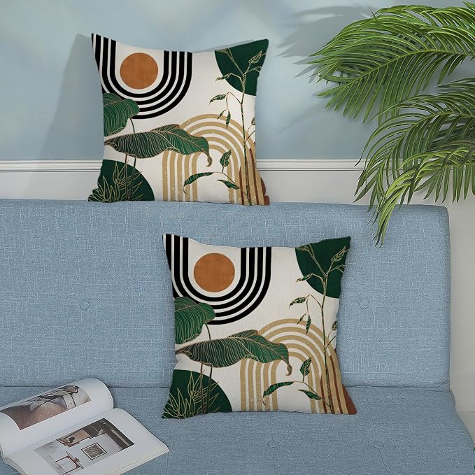Boho Green Pillow Covers 18x18 Set of 2 Green Gold Leaf Tropical Mid Century Throw Pillows Outdoor Bohemian Modern Decorative Pillowcase Farmhouse Linen Cushion Case for Couch Sofa Decor