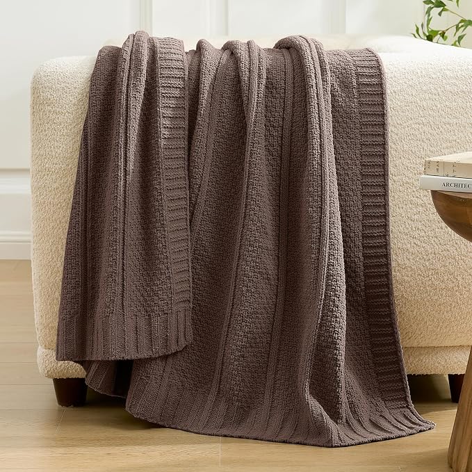 Chenille Throw Blanket for Couch, Soft Cozy Chunky Knit Blanket, Moss Stitch Throw for Sofa, Bed, Living Room, Lightweight Warm Home Decor, Dark Brown 60"x80"