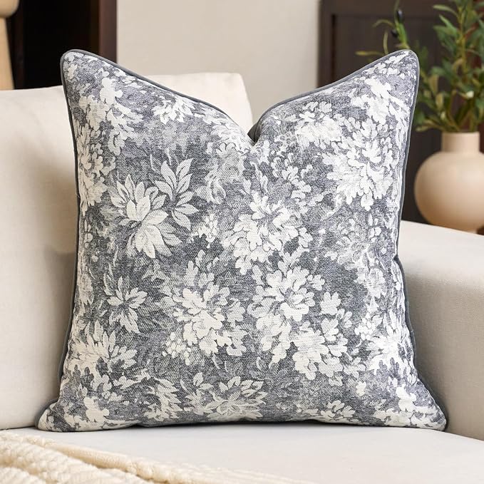 Alerfa Grey Neutral Floral Pillow Cover 18 x 18 Inch, Vintage Chenille Square Couch Pillow Cover Soft Decorative Farmhouse Accent Pillowcase for Living Room Bedroom